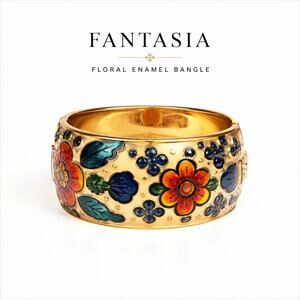 Fantasia Floral Gold Tone Wide Bangle Bracelet Enamel Boho Hinged Cuff